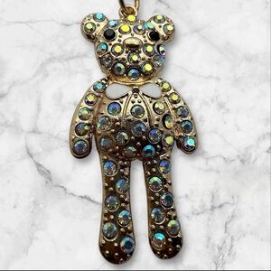 Gold Toned Coquette 2” Teddy Bear Keychain with Iridescent Rhinestones and Bow